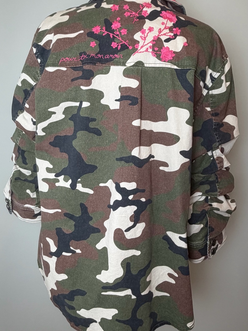 Cinq a Sept XL Camo Jacket with Pink Floral Embroidery - Picture 6 of 10